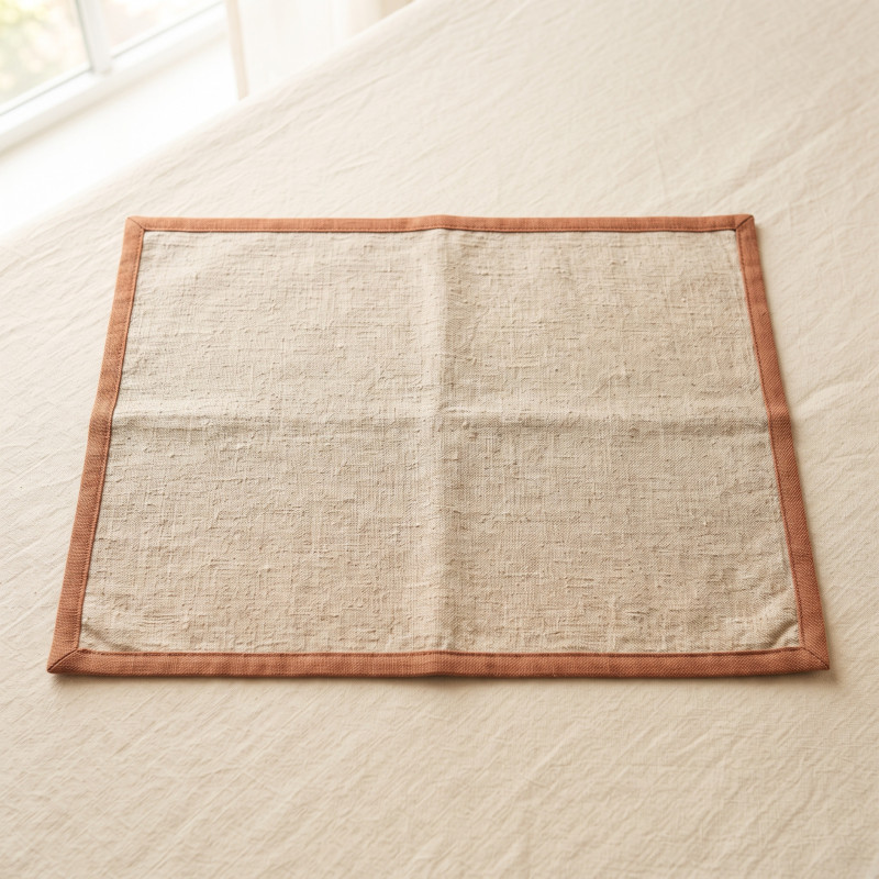 Linen Feeding Mat in heavy washed linen with a narrow terracotta binding