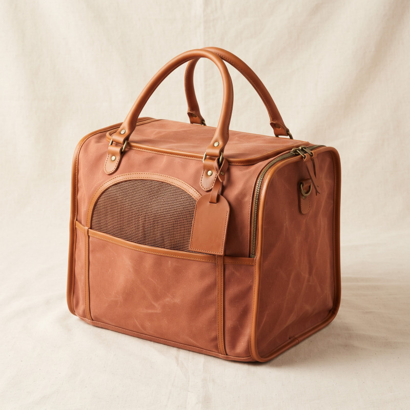 Waxed Canvas Weekender Carrier with leather handles, brass fittings and a mesh side panel