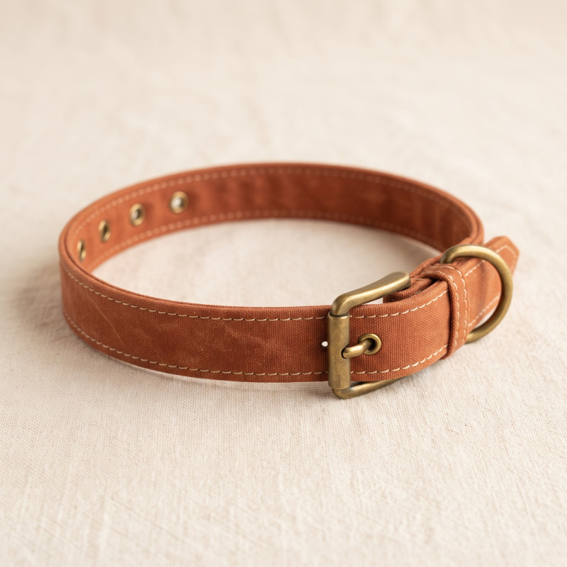 Waxed Canvas Collar in rust-brown hand-waxed cotton canvas with a leather lining and antiqued brass buckle