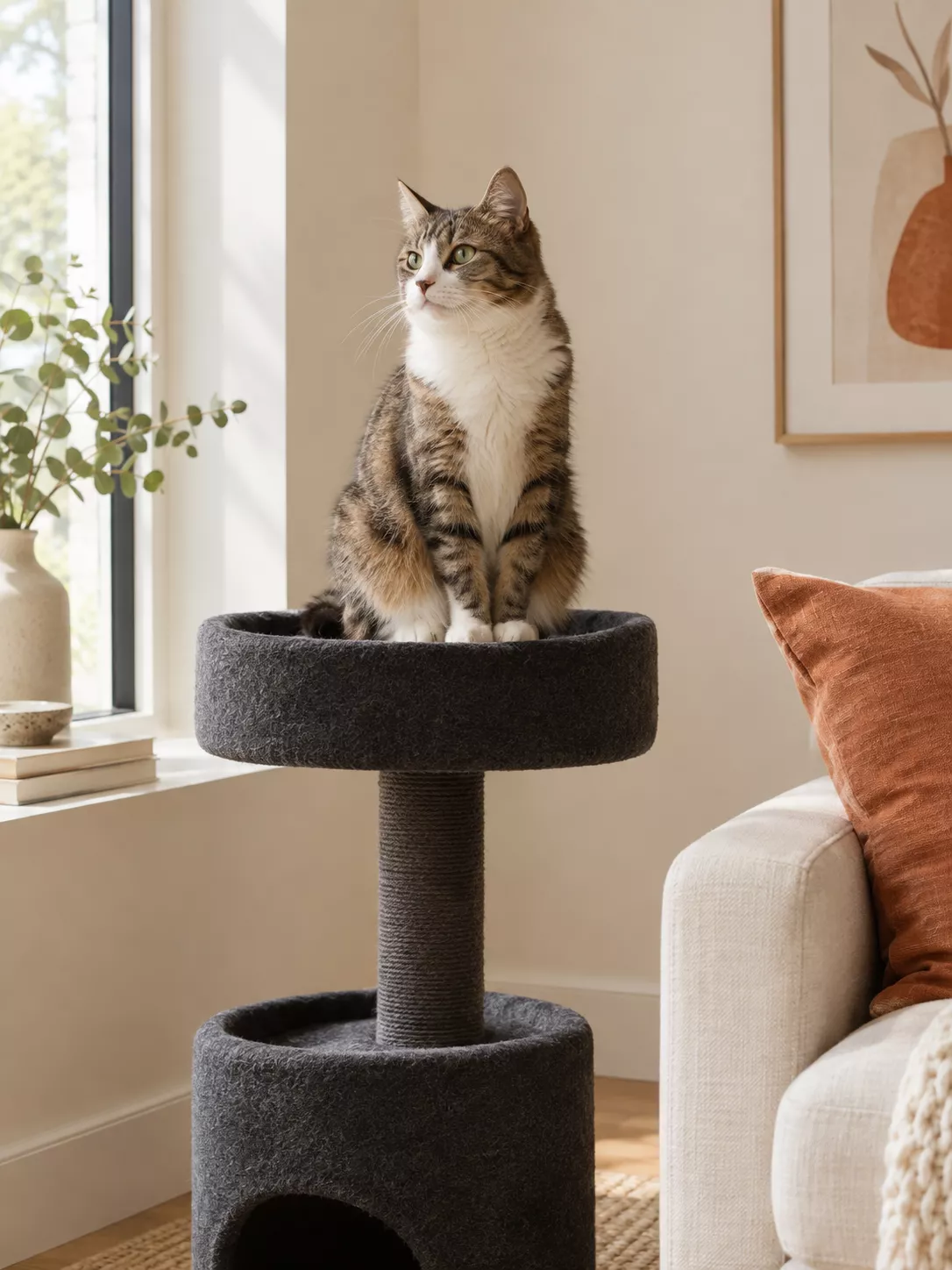 A tabby cat sitting on a charcoal felt cat tree in a sunny living room