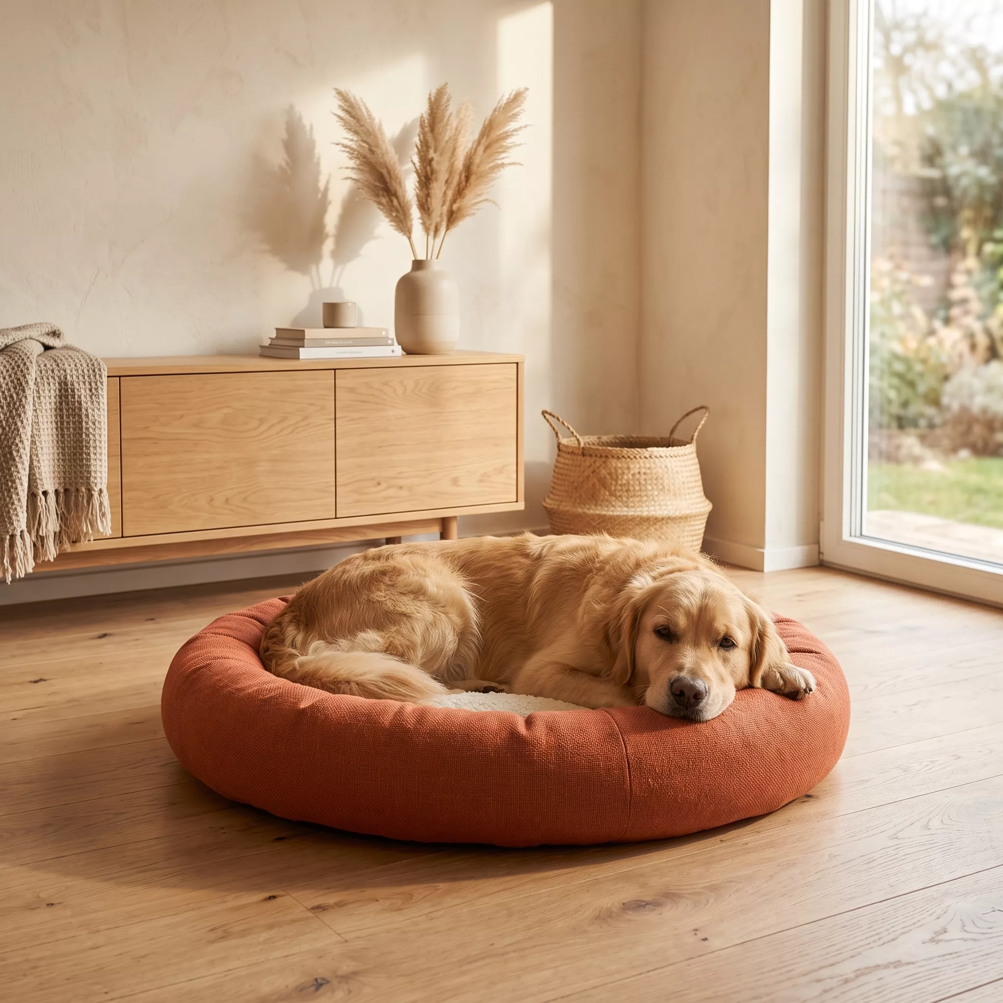A golden retriever asleep on a round terracotta bed in a sunlit living room