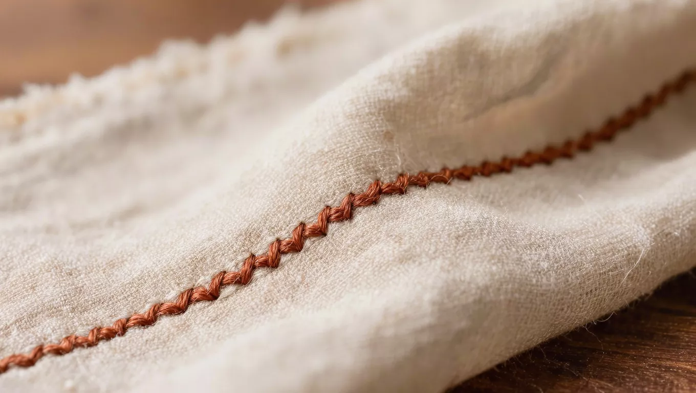 Close-up of natural linen with a hand-stitched terracotta seam