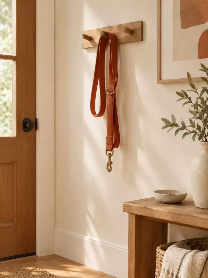 A terracotta leather lead hanging from an oak peg rail by the front door