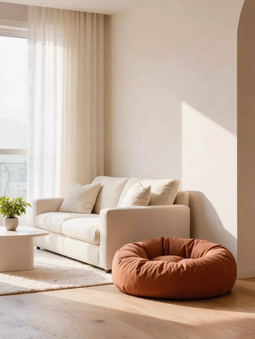 A terracotta bolster bed on the floor of a bright living room