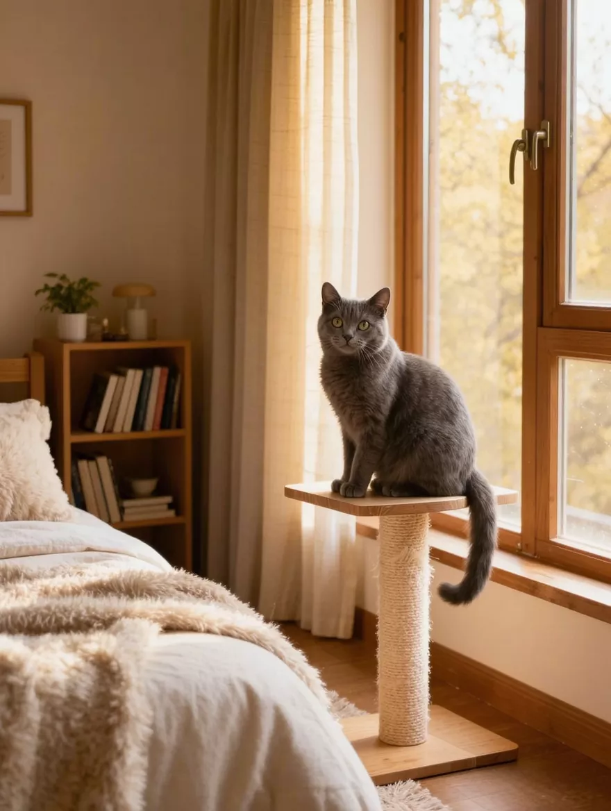 A grey cat on a sisal scratching post by a bedroom window