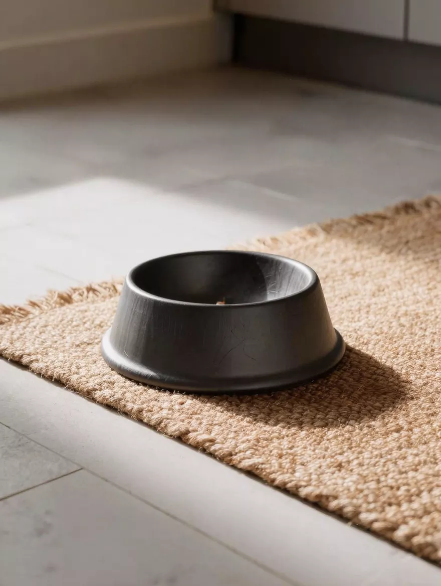 A black feeding bowl on a woven jute mat on a stone kitchen floor