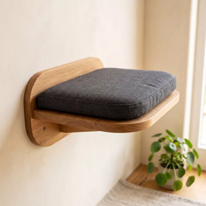 An oak wall shelf with a charcoal cushion for a cat, beside a sunny window