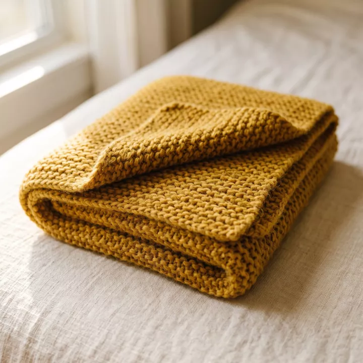 A folded mustard knitted blanket on a linen-covered bed