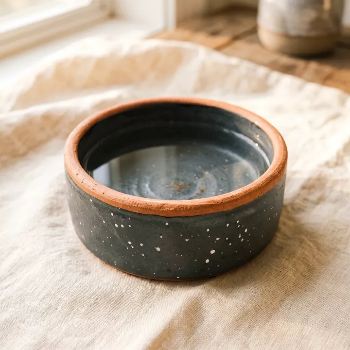 A speckled charcoal stoneware bowl with a terracotta rim on linen