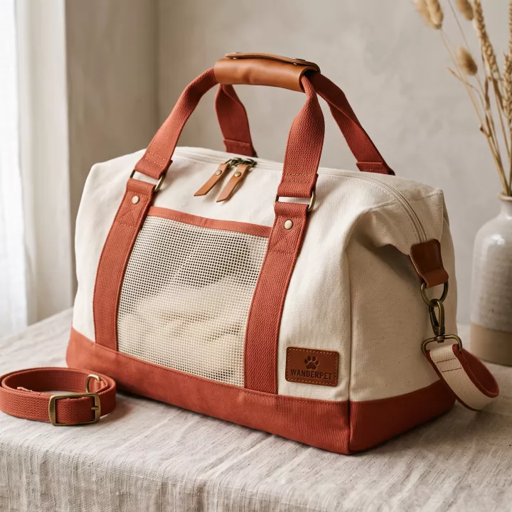 A cream canvas pet carrier with terracotta leather handles and a mesh window